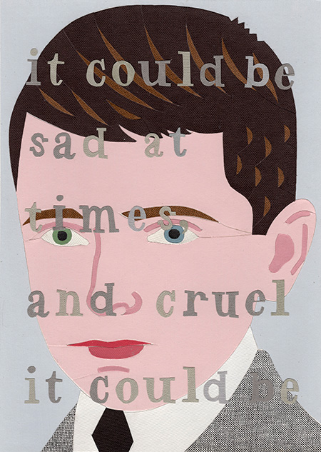 A paper collage of a boy's face superimposed with text that reads: 