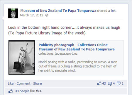 Screenshot from Te Papa’s Facebook page, www.facebook.com/TePapa, showing an image posted by the Picture Library, 2012