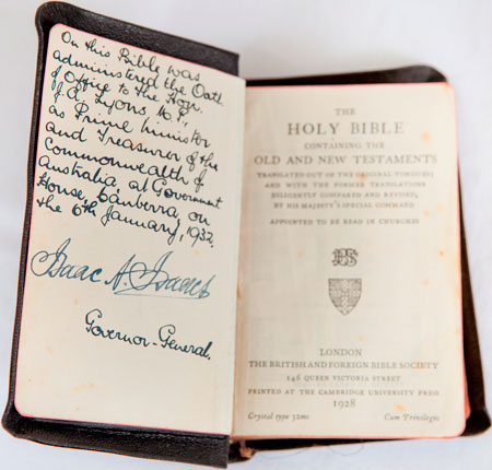 On display at Home Hill is the bible on which Joseph Lyons was sworn in as prime minister in 1931