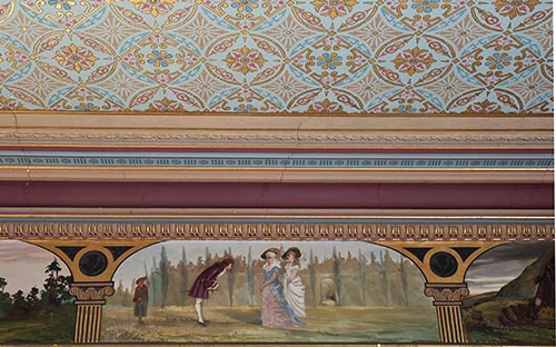 A detail of the ceiling, cornice and the frieze circumscribing the dining-room walls at Villa Alba, painted with scenes from Sir Walter Scott’s novel, Rob Roy