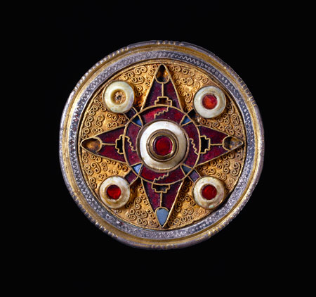 Wingham brooch, 575–625  silver-gilt, niello, garnet, glass and shell, England