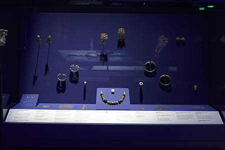 Display case of golden ornaments and jewellery found in Tomb II at Tillya Tepe