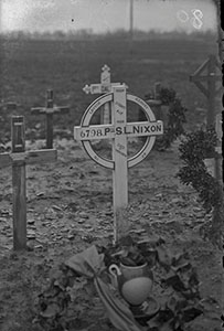 The grave in Vignacourt cemetery of Private Samuel Lindsay Nixon, a farmer from Oaklands, New South Wales, who served with the 29th battalion and died of wounds received from a shell while bandaging a fellow soldier