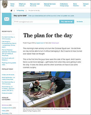 ‘The plan for the day’: blogging about the colossal squid, August 2008, blog.tepapa.govt.nz/2008/08/06/the-plan-for-the-day