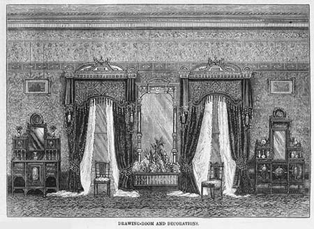 An illustration in the Illustrated Australian News showing a section of Rocke & Co’s drawing room installation at the 1880 Melbourne Centennial Exhibition with furniture painted by John Mather, 31 December 1880