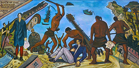 An oil painting representing the death of Cook at Tolaga Bay.