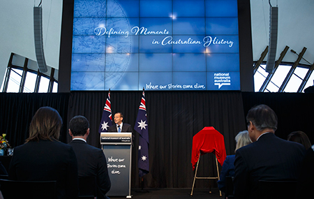 The Hon. Tony Abbott MP, Prime Minister of Australia, launching the Defining Moments in Australian History project on 29 August 2014 at the National Museum of Australia. 