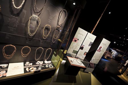 Display of shell necklaces in the 
    ningenneh tunapry exhibition
  