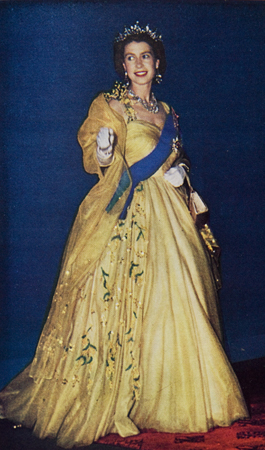 The Queen wearing the 'wattle dress'