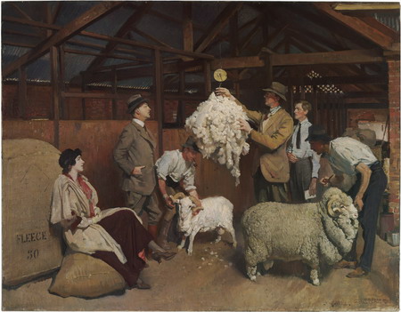 Weighing the fleece painting by Lambert