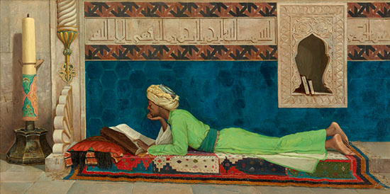 A painting of a man reclining and reading a book.