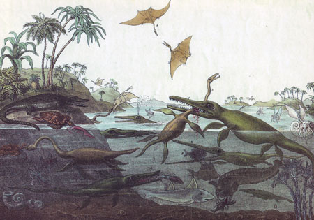 Fig. 6. 
    Duria Antiquior (Ancient Dorsetshire), 1830
    hand-coloured lithograph by George Sharf (1788–1860), after an original drawing by Henry Thomas de la Beche (1796–1855)
  