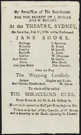 The first? Playbill for a performance at the Theatre, Sydney, Saturday 30 July 1796